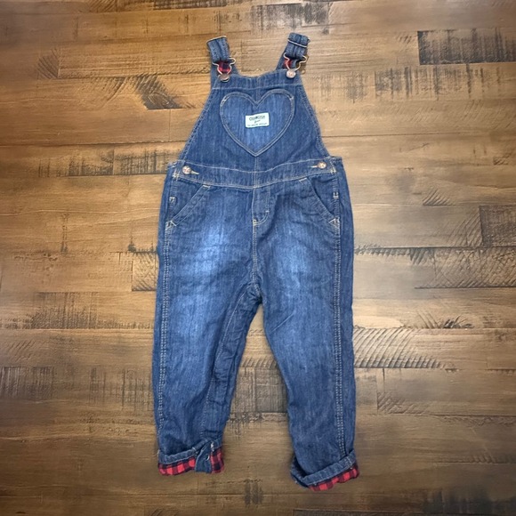 OshKosh B'gosh Denim Overalls 24M Heart Pocket Red Plaid Cuffs Toddler Girl - Picture 1 of 5